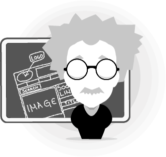 Una imagen de Einstein mostrando el boceto del diseño de una web en una pizarra