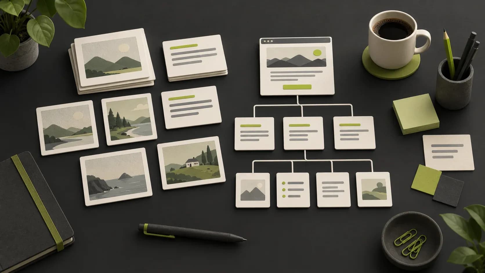 Mesa de trabajo ilustrada con tarjetas de texto, fotografías de paisajes y un mapa de páginas conectadas