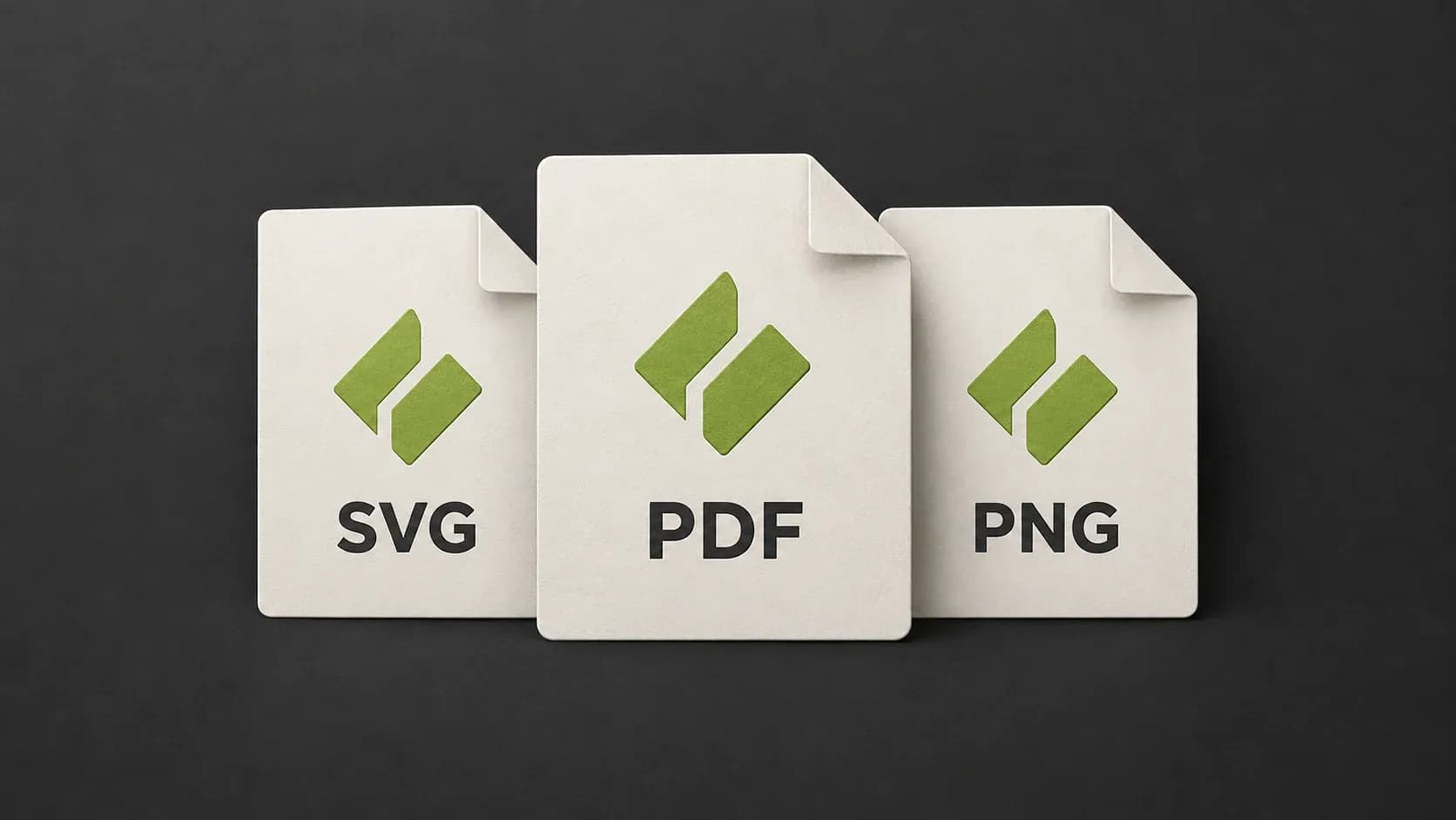 Tres tarjetas SVG, PDF y PNG con el mismo símbolo ficticio verde sobre fondo oscuro