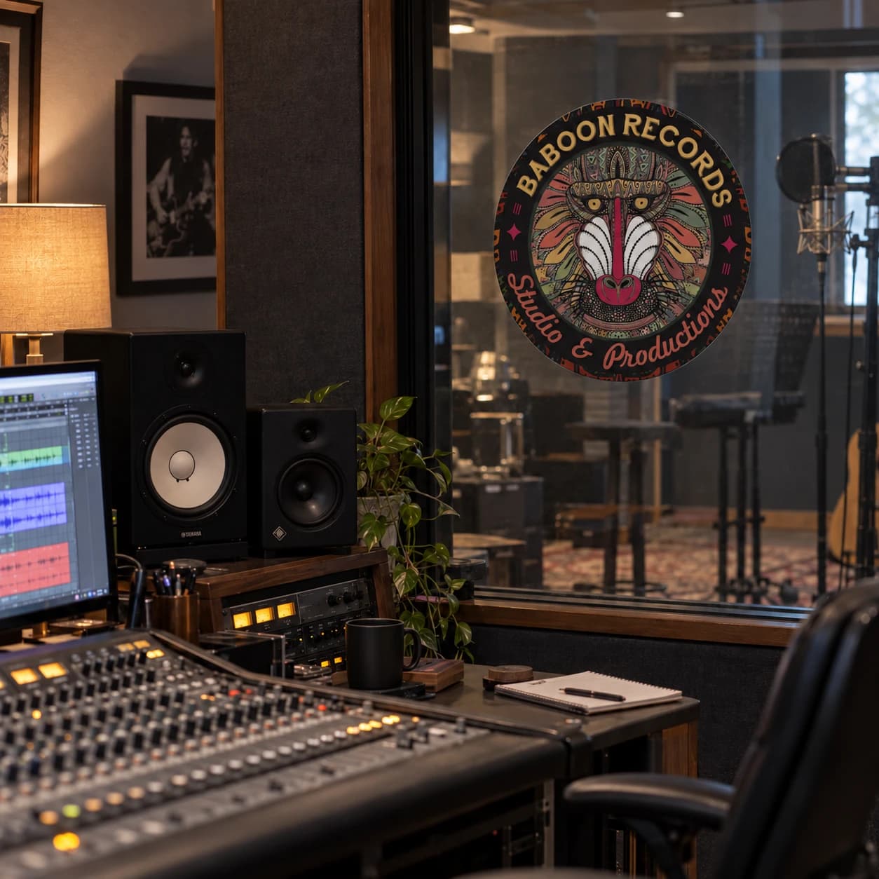 Identidad de Baboon Records aplicada en un estudio de grabación