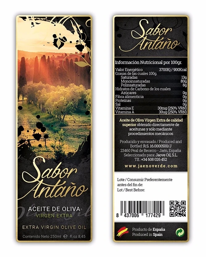 Diseño frontal y trasero de la etiqueta Sabor Antaño