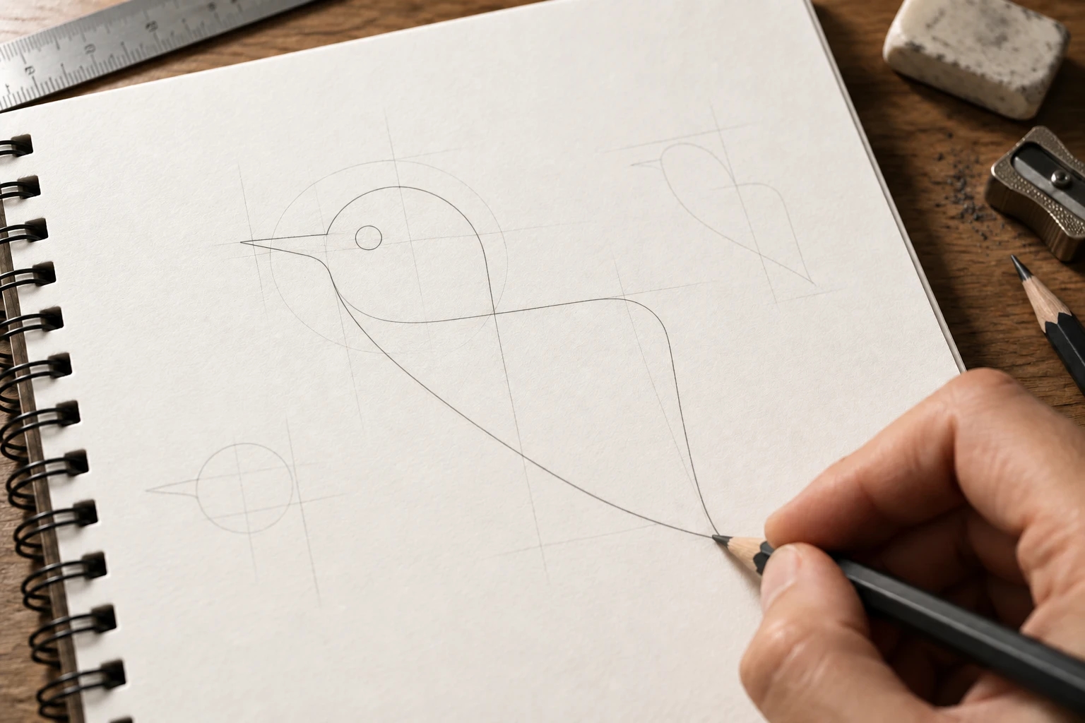 Boceto a lápiz del anagrama del colibrí de Brieffly