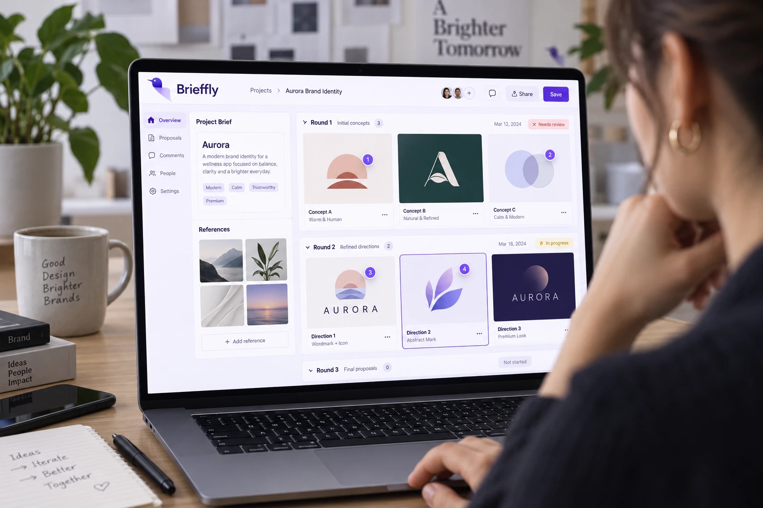Profesional revisando propuestas de diseño en Brieffly desde un portátil