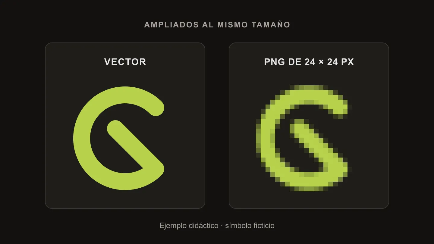 El mismo símbolo ficticio ampliado: a la izquierda, curvas suaves de un vector; a la derecha, los píxeles de un PNG de 24 × 24 ampliado sin suavizar.