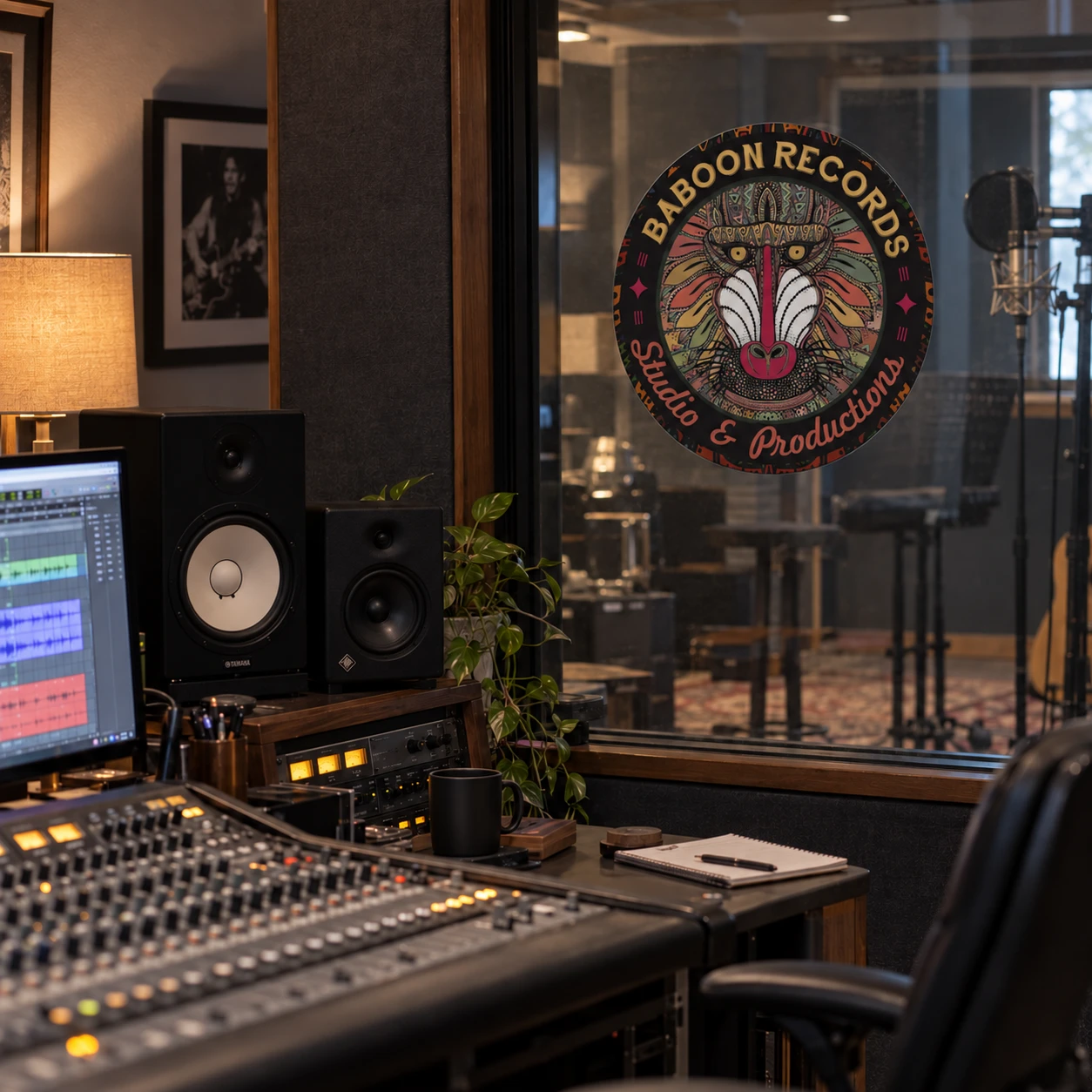 Identidad de Baboon Records aplicada en un estudio de grabación real