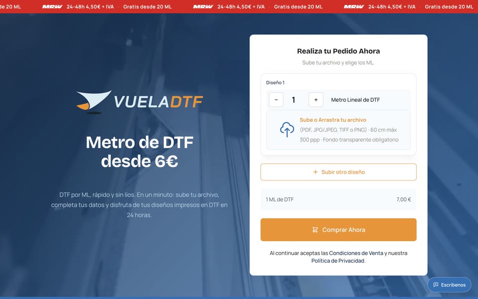 Vista de la web de impresión DTF VuelaDTF